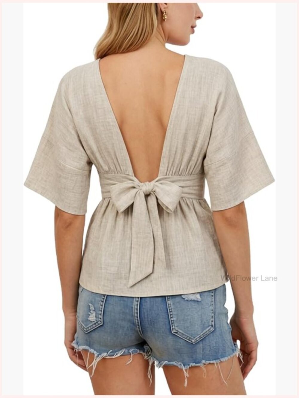 Boat Neck Peplum Blouse Bow Short Sleeve Babydoll Top Tie Open Back